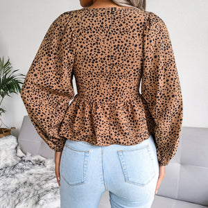 Printed Balloon Sleeve Peplum Blouse